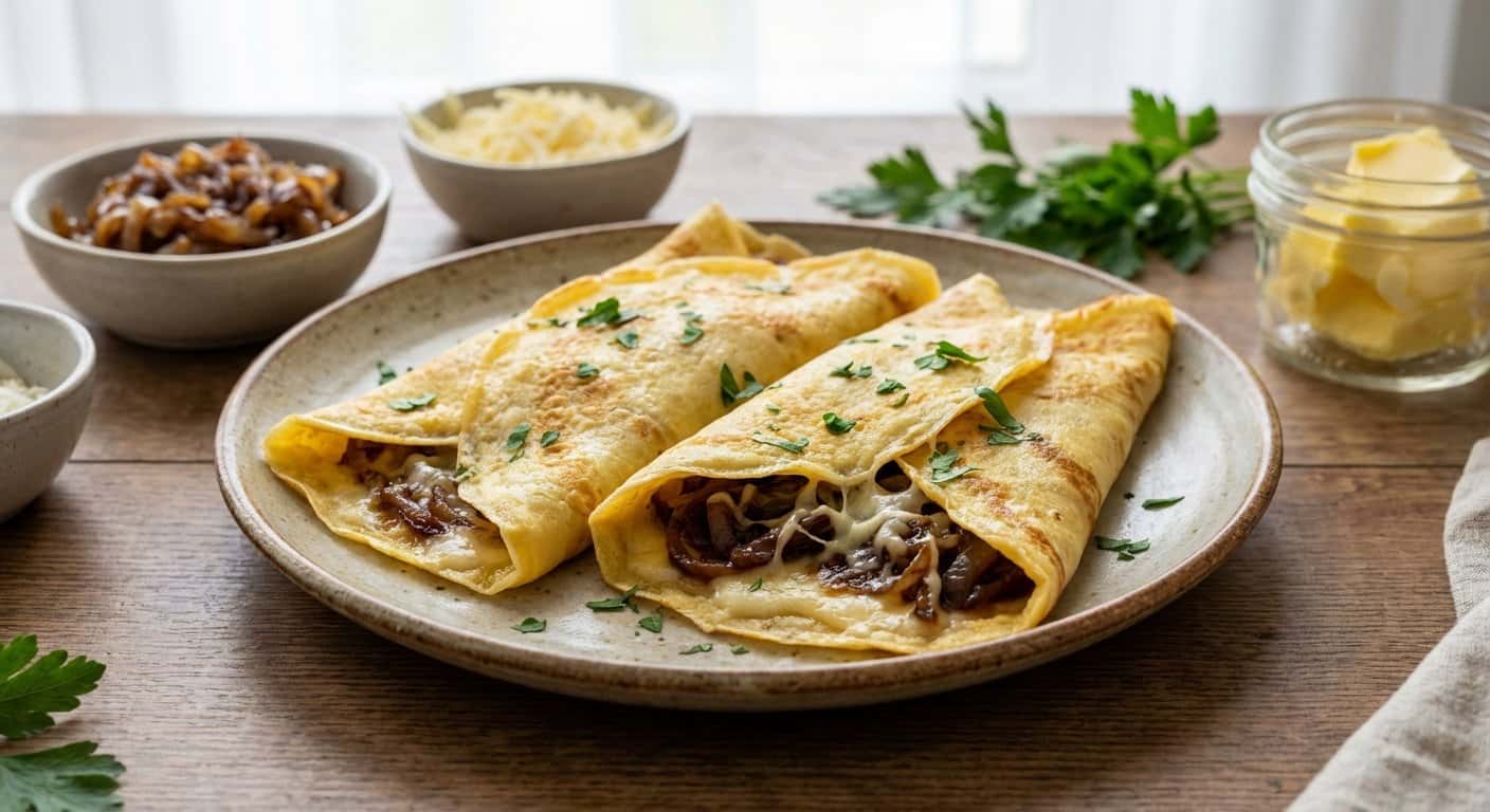 Crepes Salados con Cebolla Caramelizada y Queso Curado