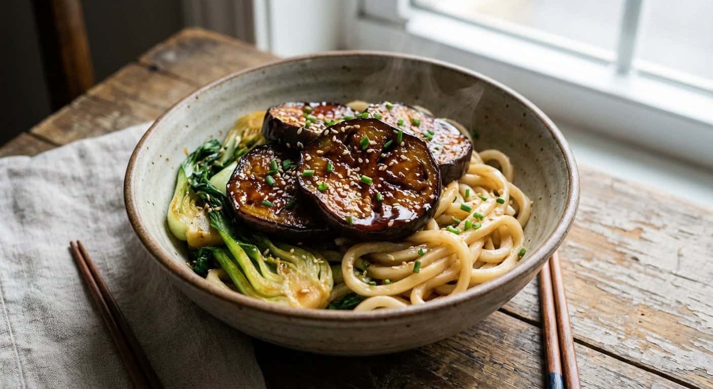 Donburi de Berenjena con Udon y Col China