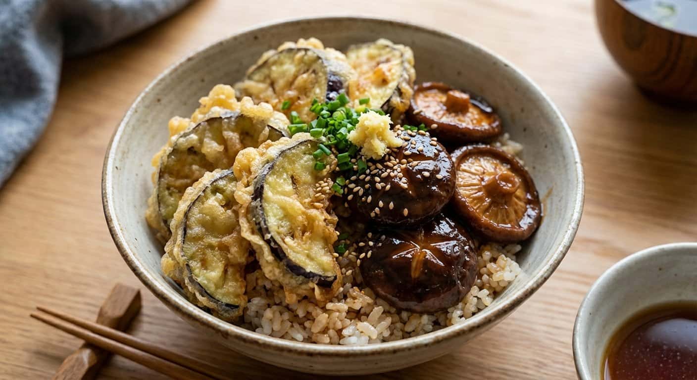 Donburi de Berenjena Tempura con Shiitake