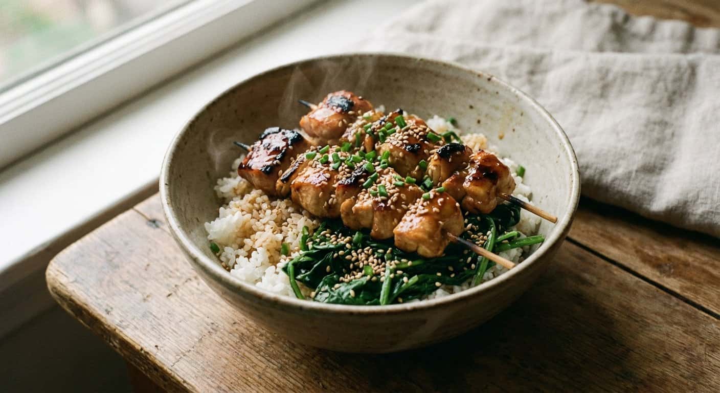Donburi de Pollo Yakitori con Espinacas