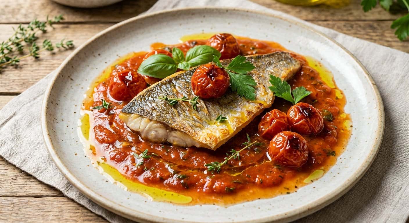 Dorada en salsa de tomate con tomate confitado