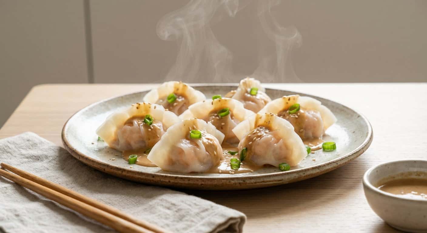 Dumplings Shanghainesa de Gambas con Salsa de Sésamo