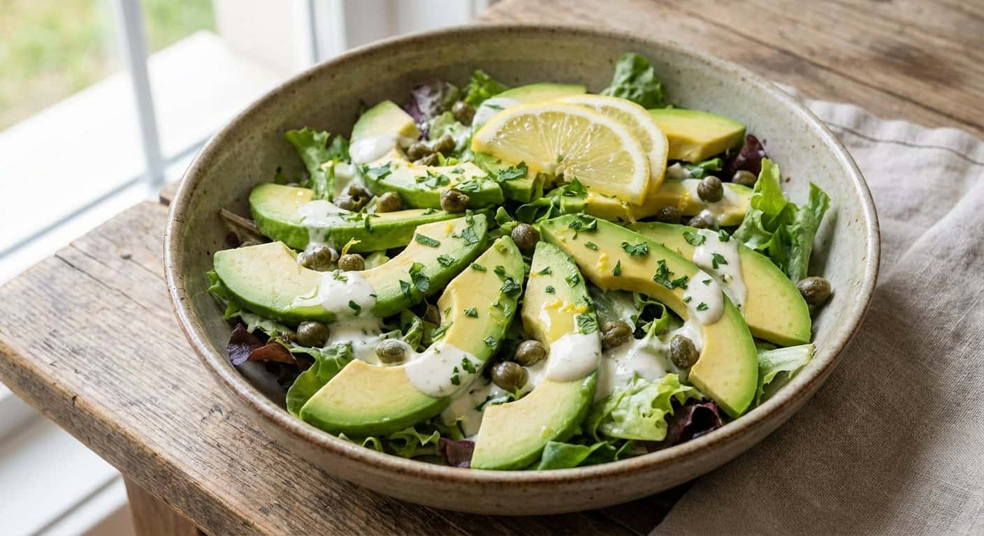 Ensalada de Aguacate con Limón, Alcaparras y Salsa de Queso