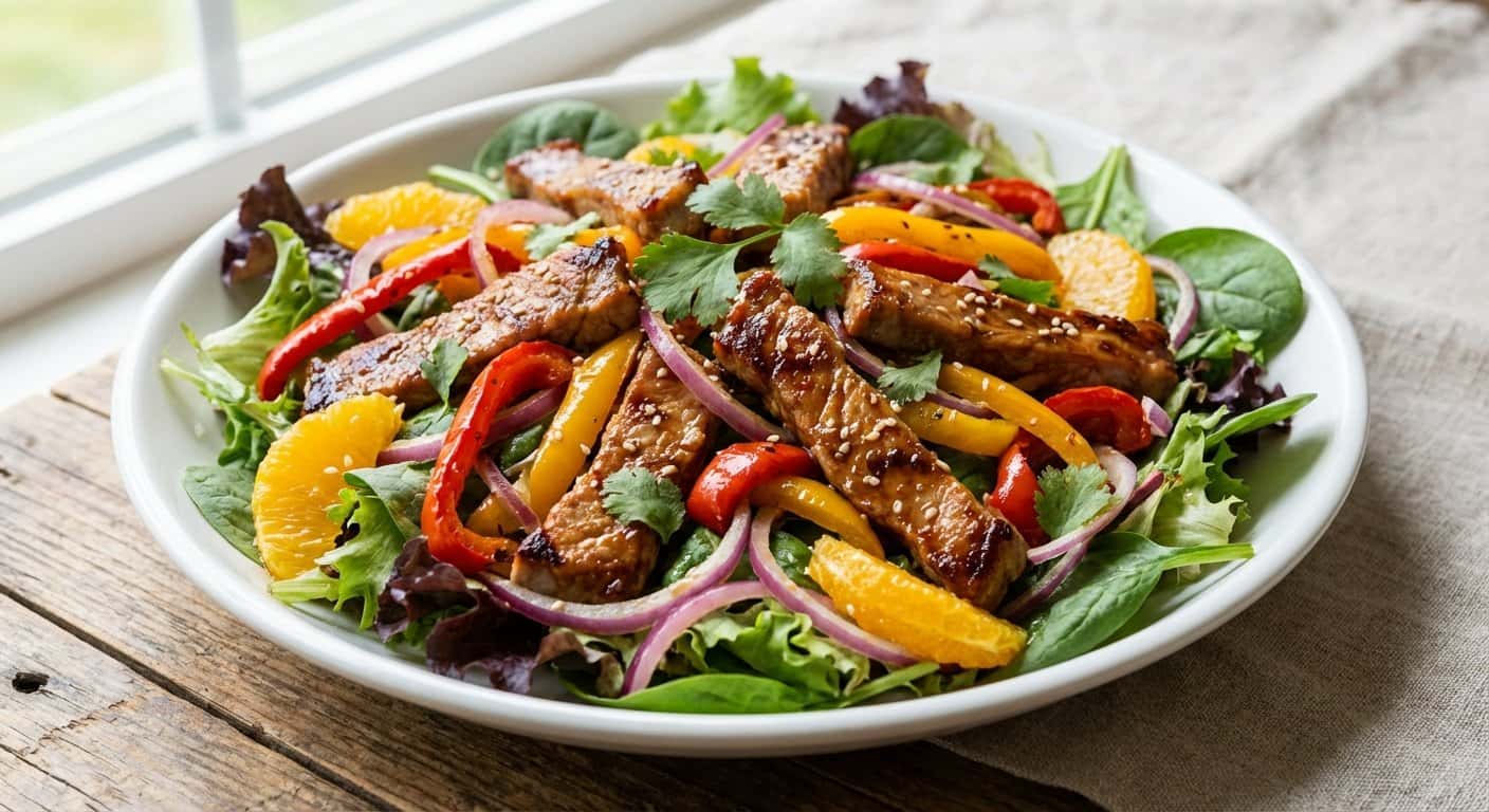 Ensalada de Cerdo a la Naranja con Pimientos y Cebolla Morada