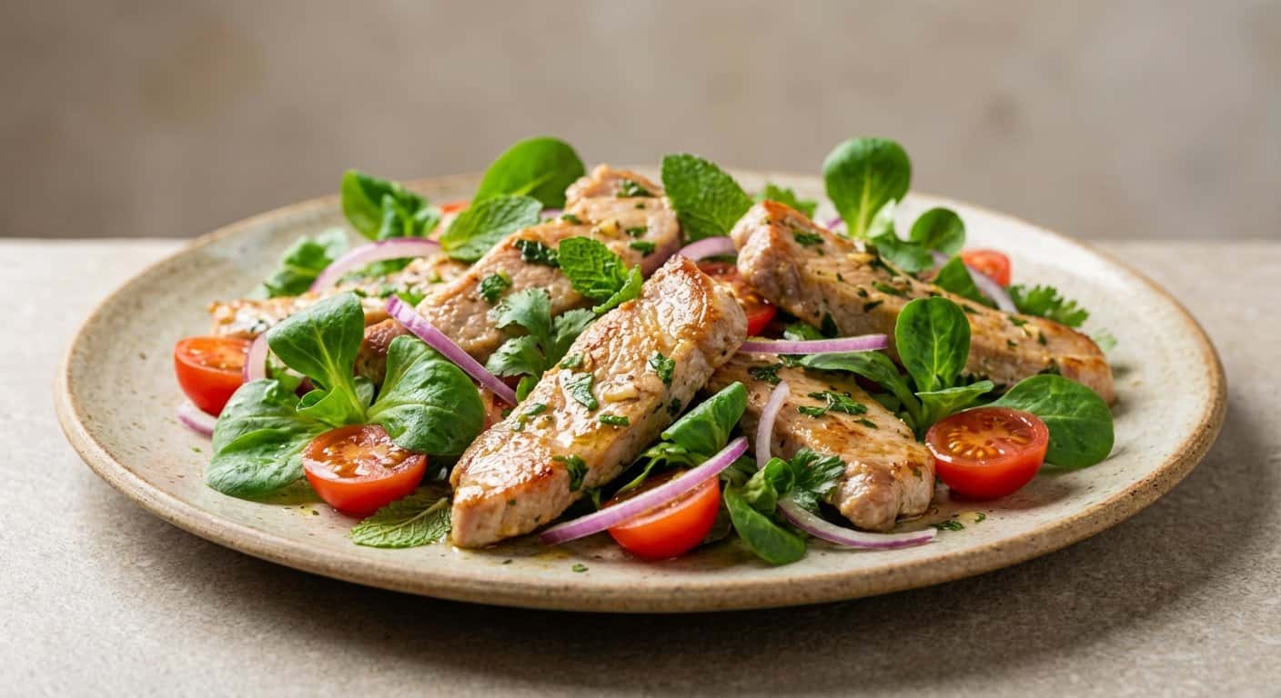 Ensalada de cerdo al ajillo con canónigos y hierbas frescas
