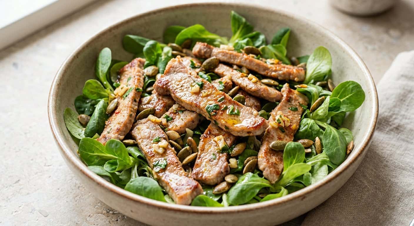 Ensalada de Cerdo al Ajillo con Canónigos y Semillas de Calabaza