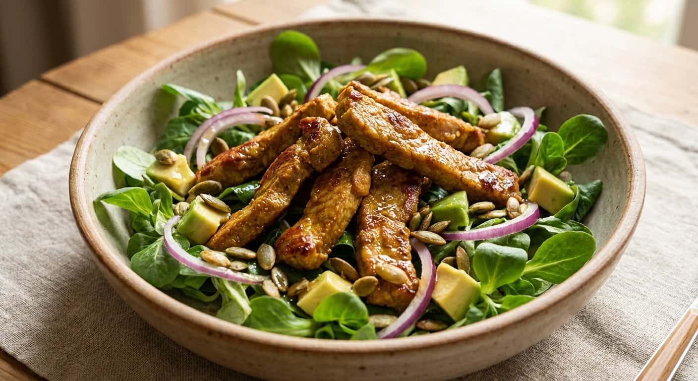 Ensalada de Cerdo al Curry con Canónigos y Pepitas