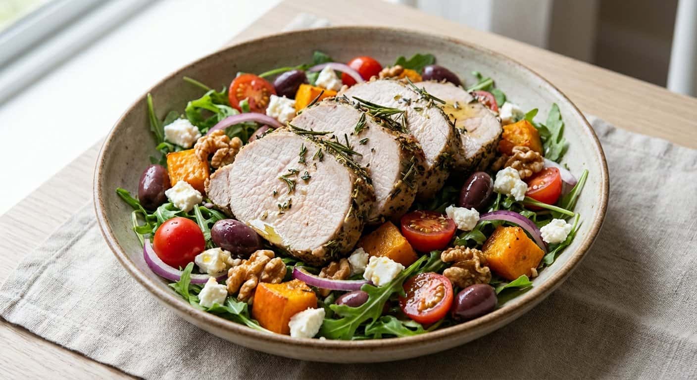 Ensalada de cerdo al mediterráneo con calabaza y nueces