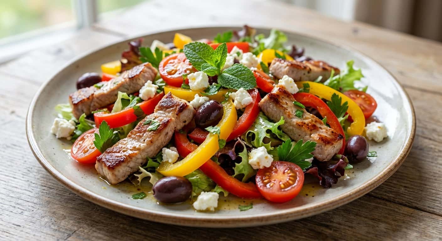 Ensalada de Cerdo al Mediterráneo con Pimientos y Hierbas Frescas