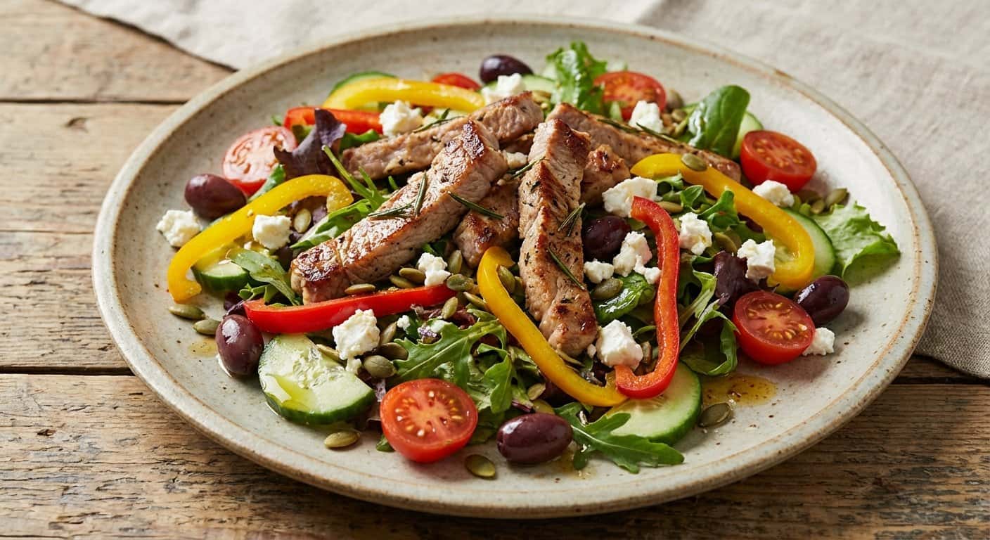 Ensalada de Cerdo al Mediterráneo con Pimientos y Pepitas