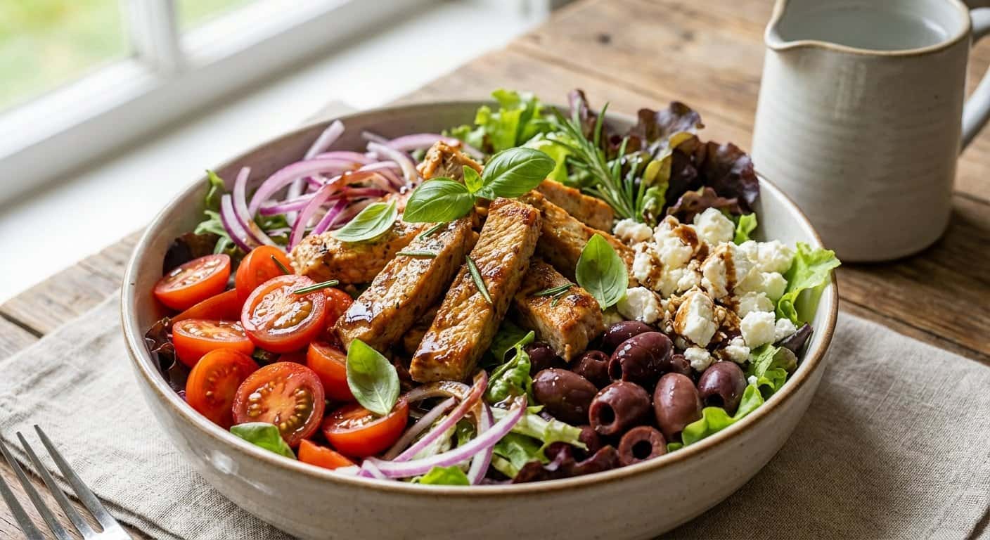 Ensalada de Cerdo al Mediterráneo con Tomate Cherry y Cebolla Morada