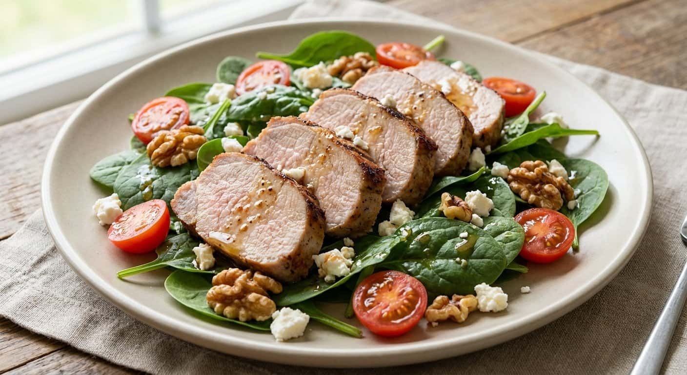 Ensalada de cerdo con espinacas y vinagreta de miel ligera