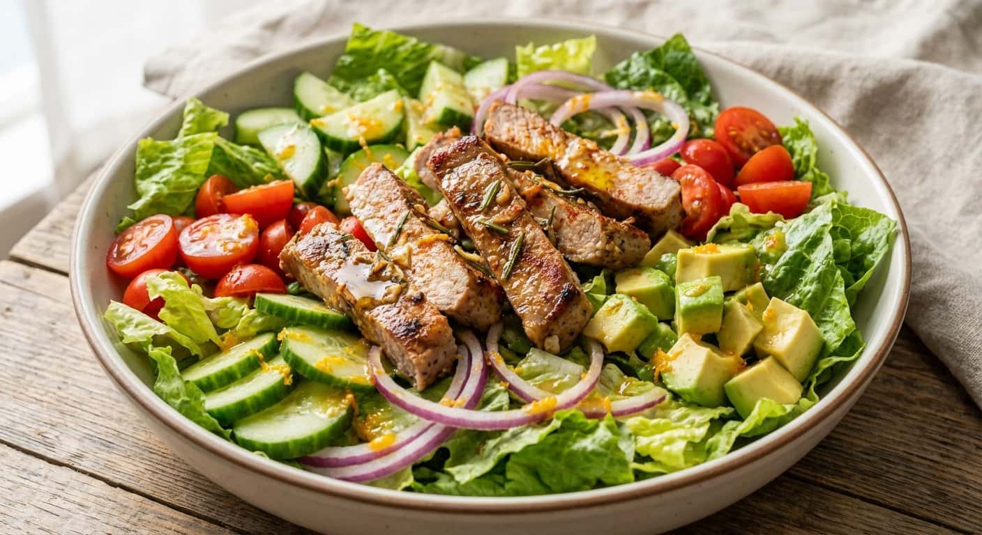 Ensalada de Cerdo con Lechuga Romana y Vinagreta de Naranja