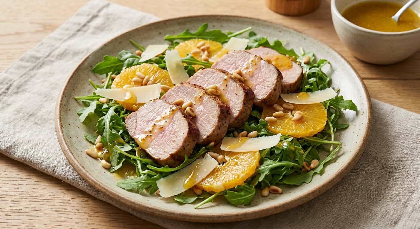 Ensalada de Cerdo con Rúcula y Vinagreta de Naranja