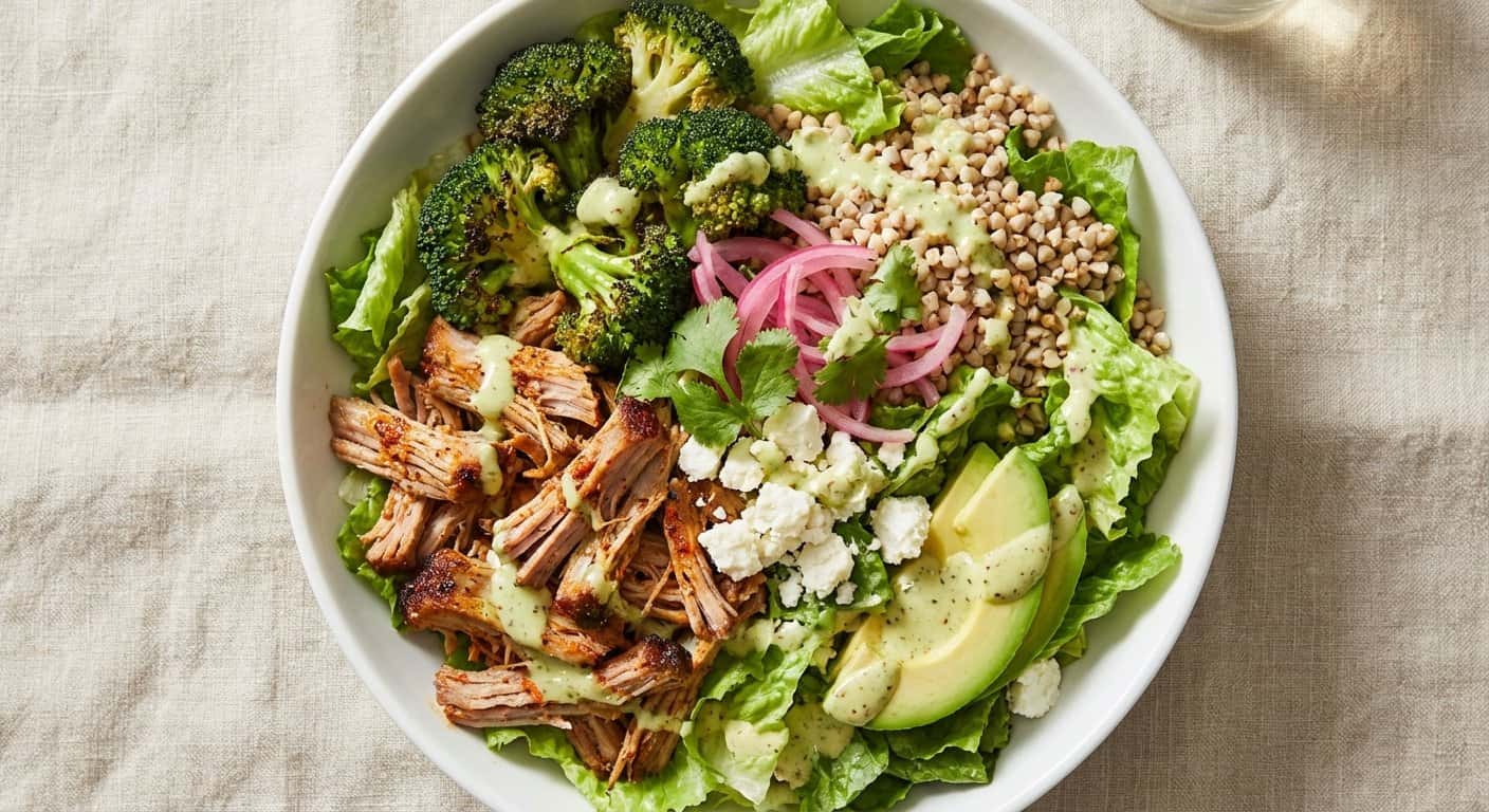 Ensalada de cerdo desmenuzado con brócoli y trigo sarraceno