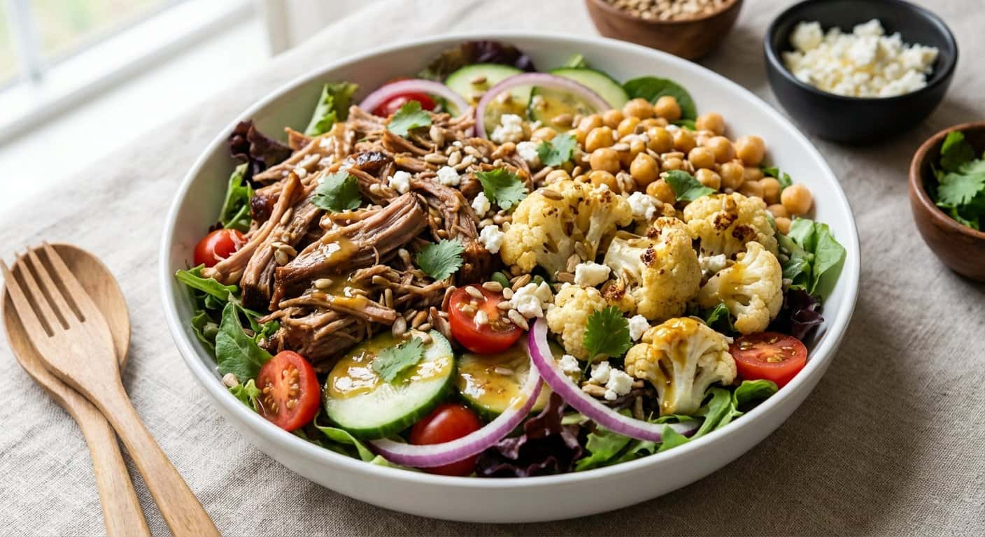 Ensalada de Cerdo Desmenuzado con Coliflor y Garbanzos