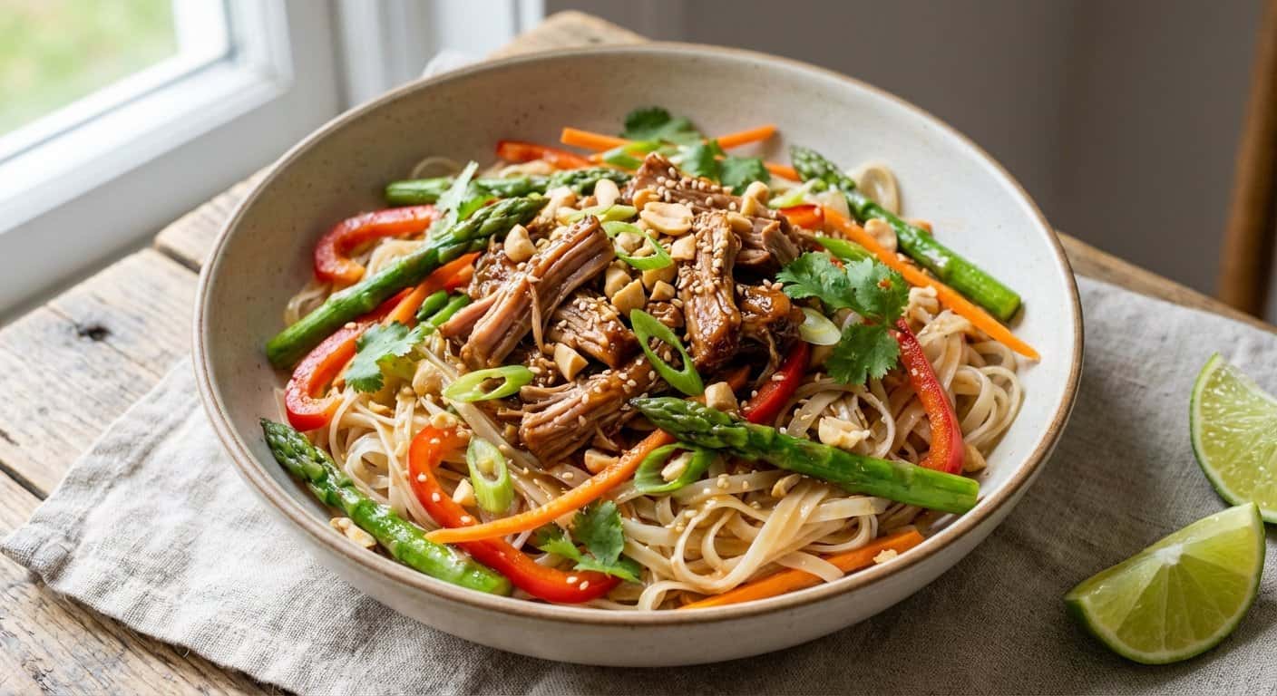 Ensalada de Cerdo Desmenuzado con Espárragos y Fideos de Arroz