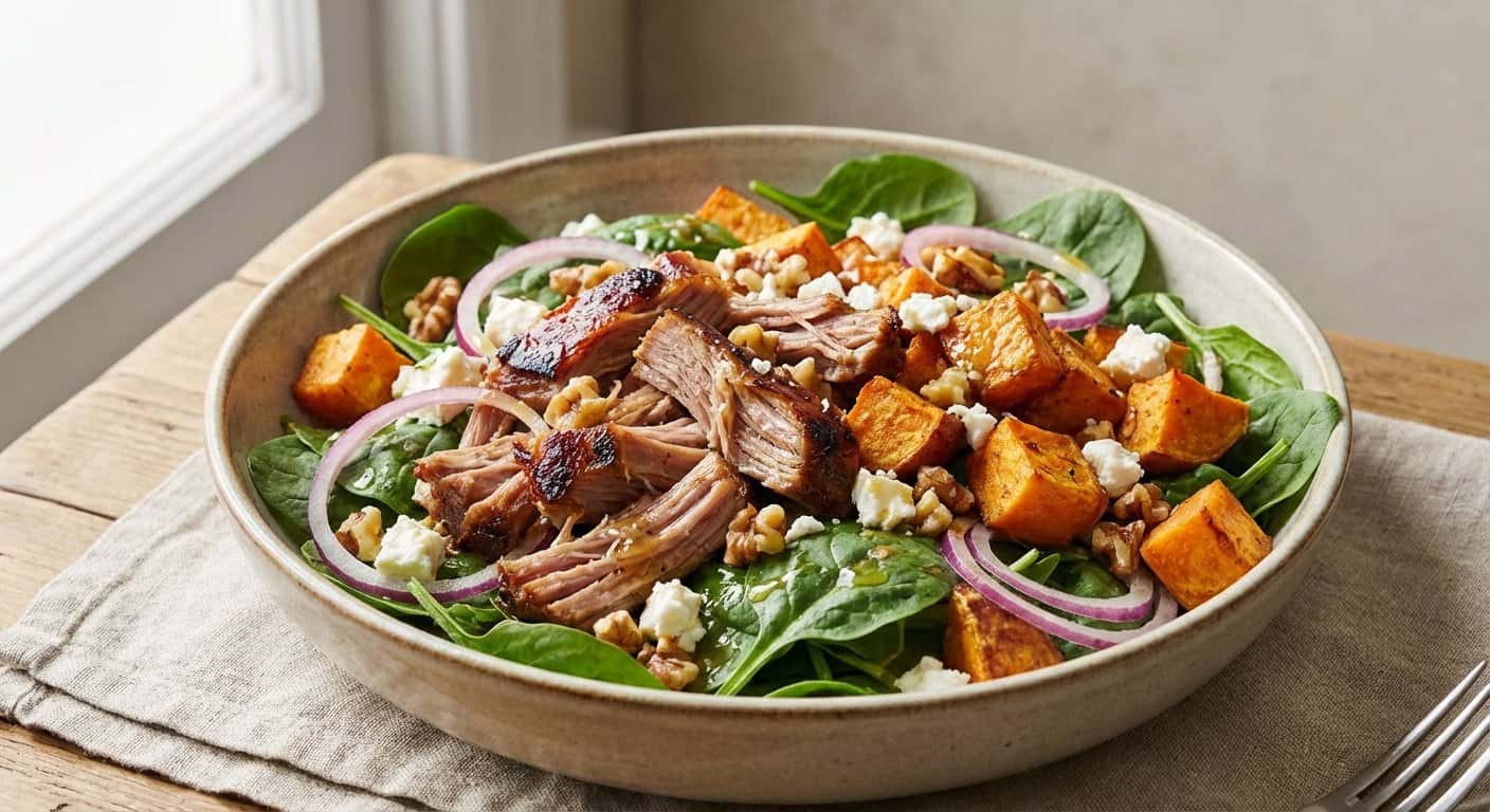 Ensalada de Cerdo Desmenuzado con Espinacas y Boniato Asado