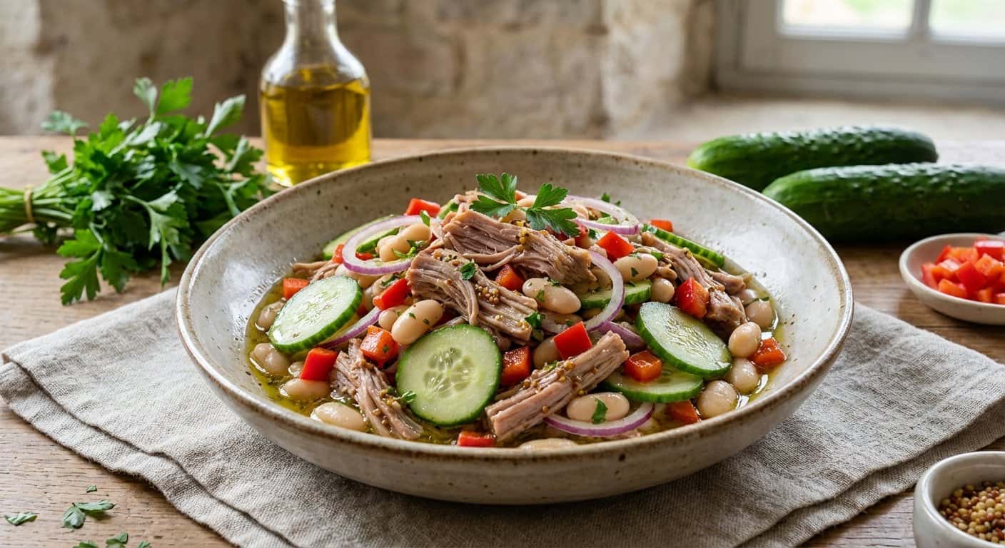 Ensalada de Cerdo Desmenuzado con Pepino y Alubias Blancas