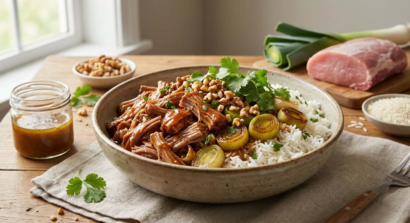 Ensalada de Cerdo Desmenuzado con Puerro y Arroz Basmati