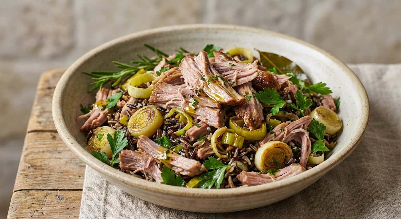Ensalada de Cerdo Desmenuzado con Puerro y Arroz Salvaje