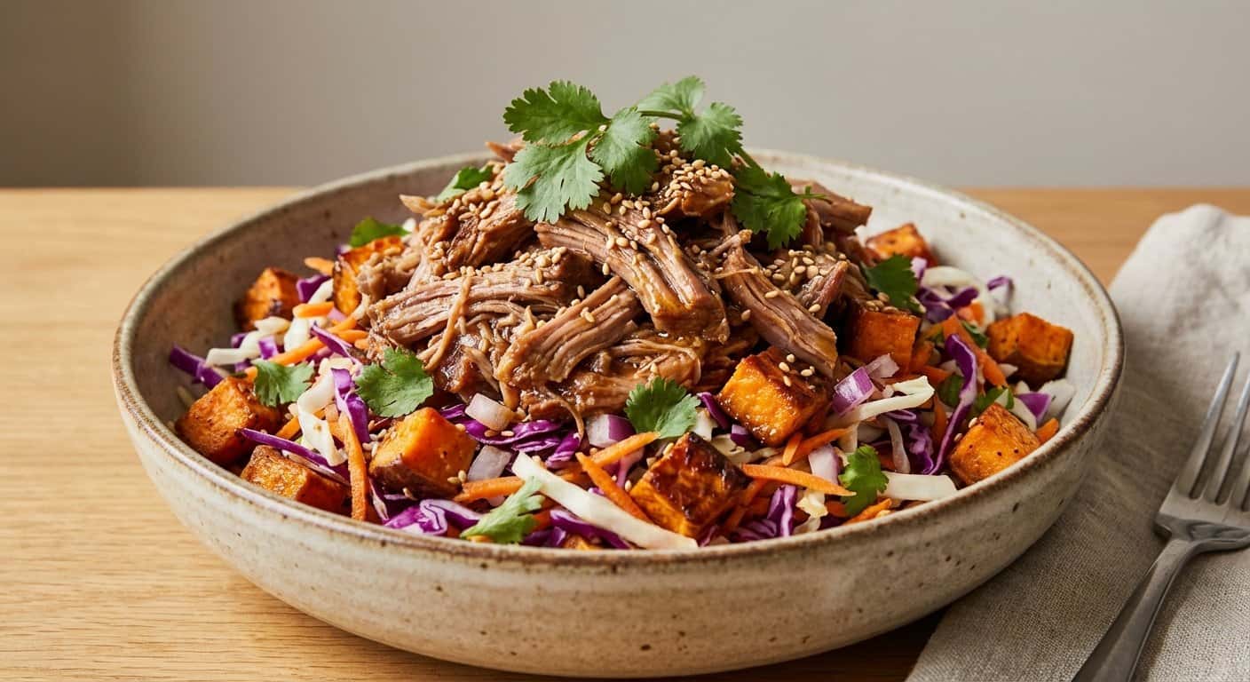 Ensalada de Cerdo Desmenuzado con Repollo y Boniato Asado