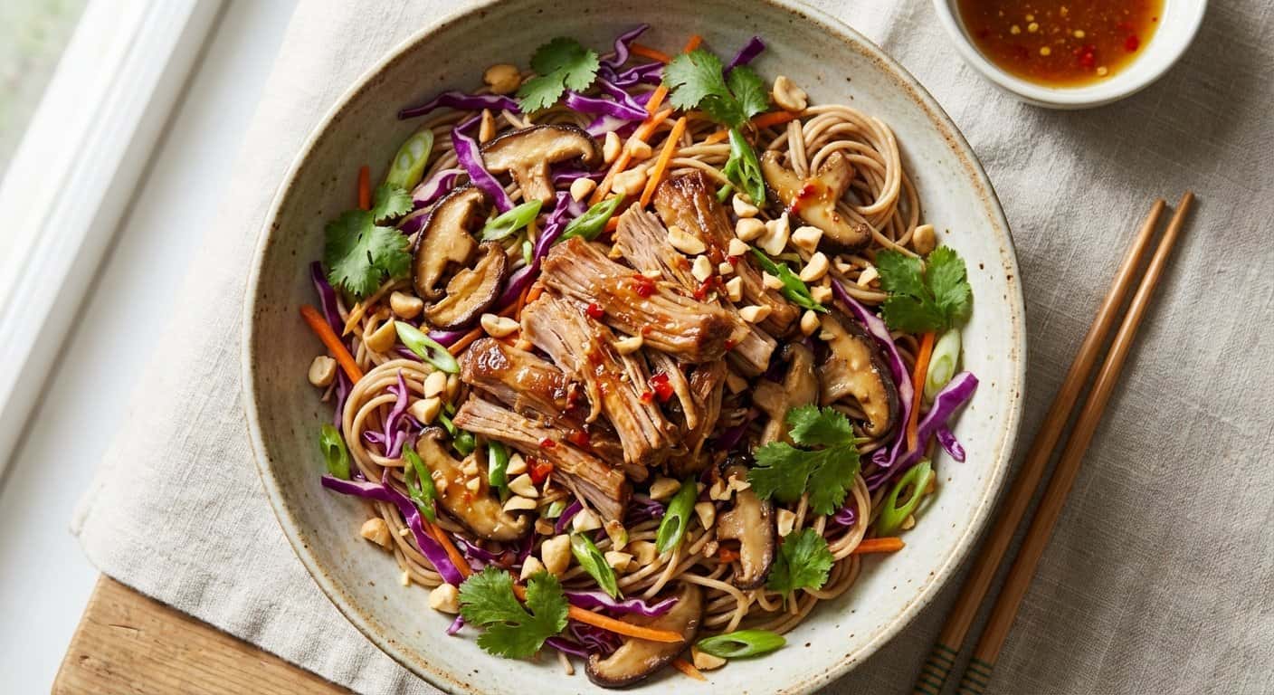 Ensalada de cerdo desmenuzado con setas y fideos integrales