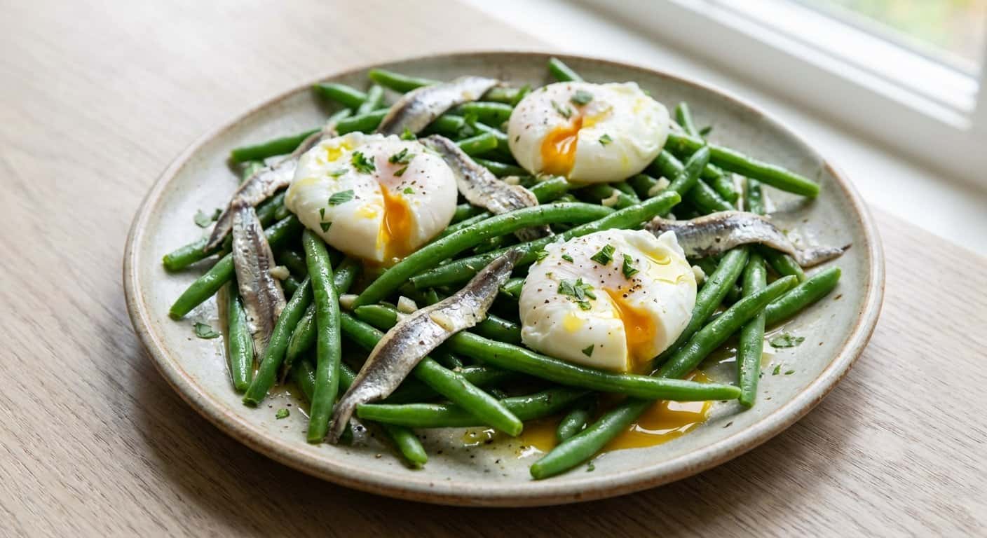 Ensalada de judías verdes, anchoas y huevo poché