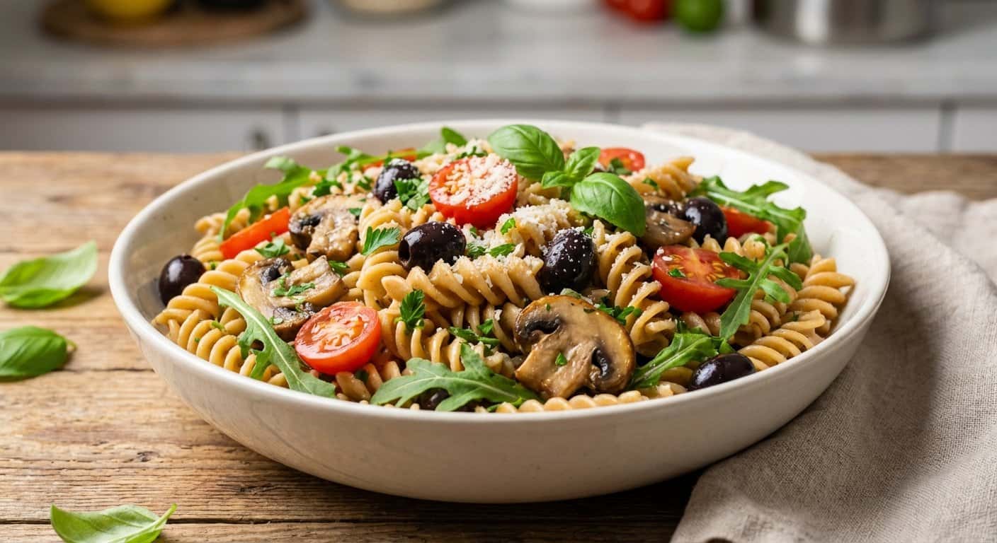 Ensalada de Pasta Integral con Champiñones y Aceitunas