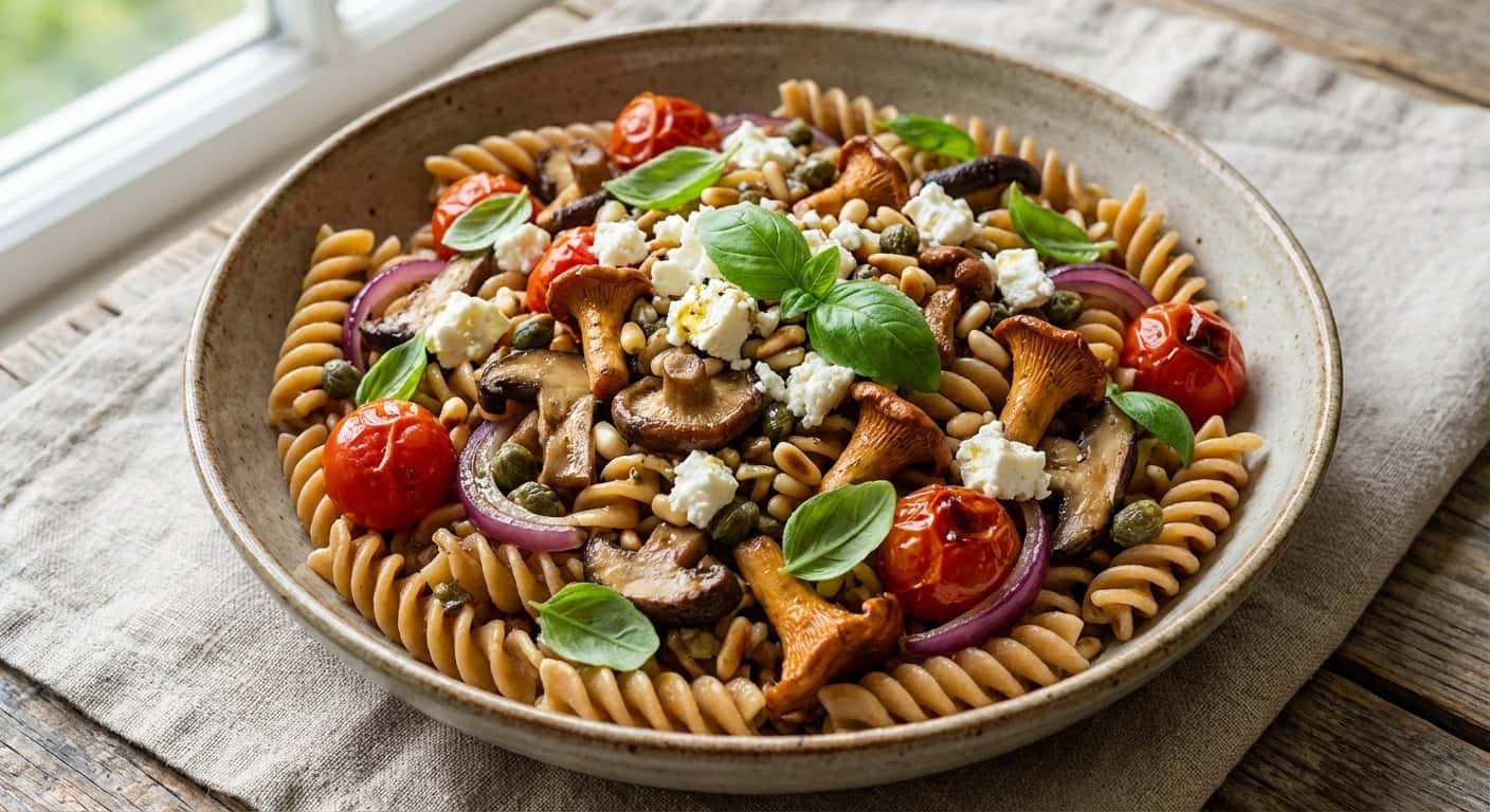 Ensalada de Pasta Integral con Setas y Alcaparras