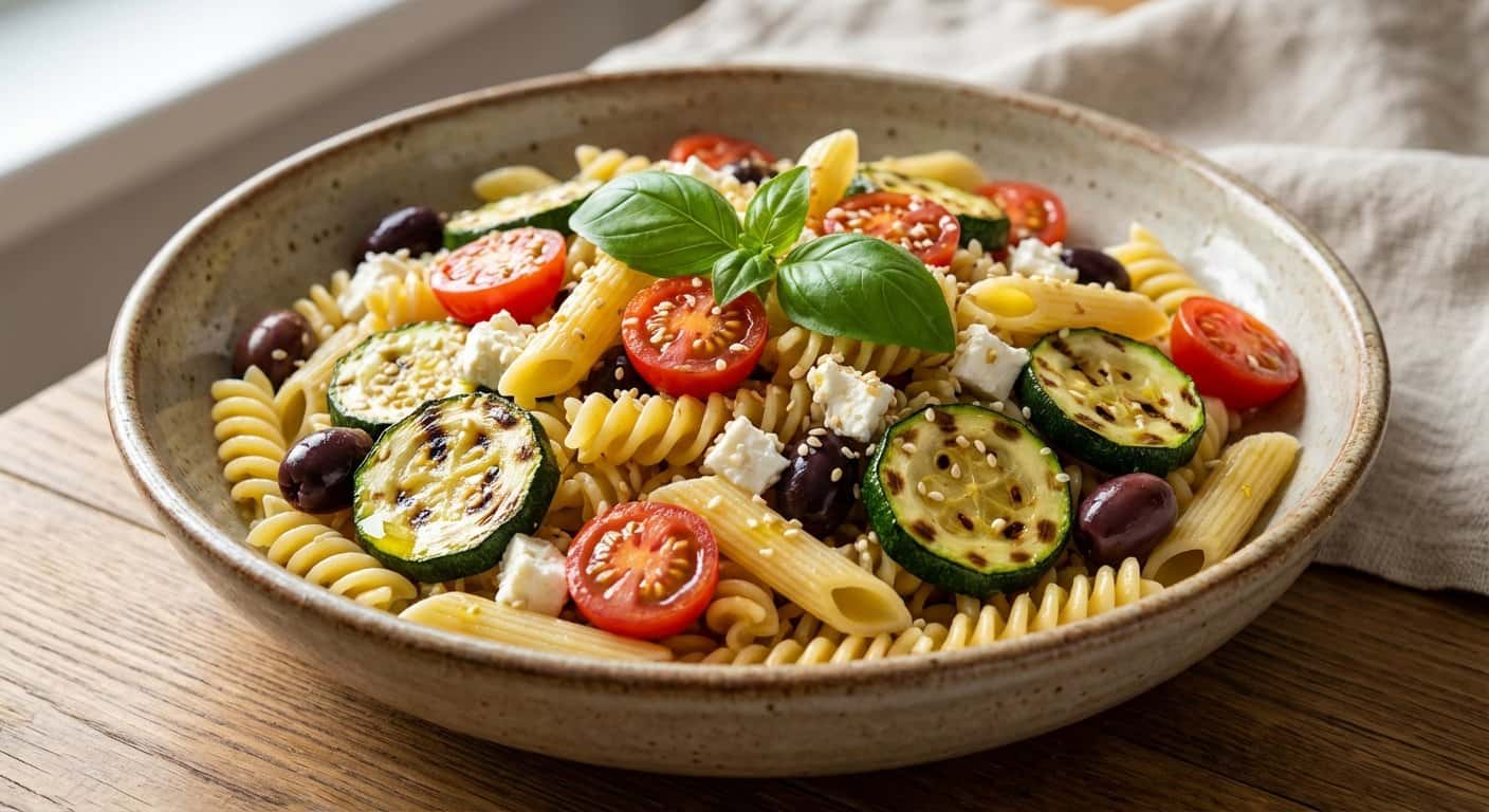 Ensalada de Pasta Mediterránea con Calabacín y Semillas de Sésamo