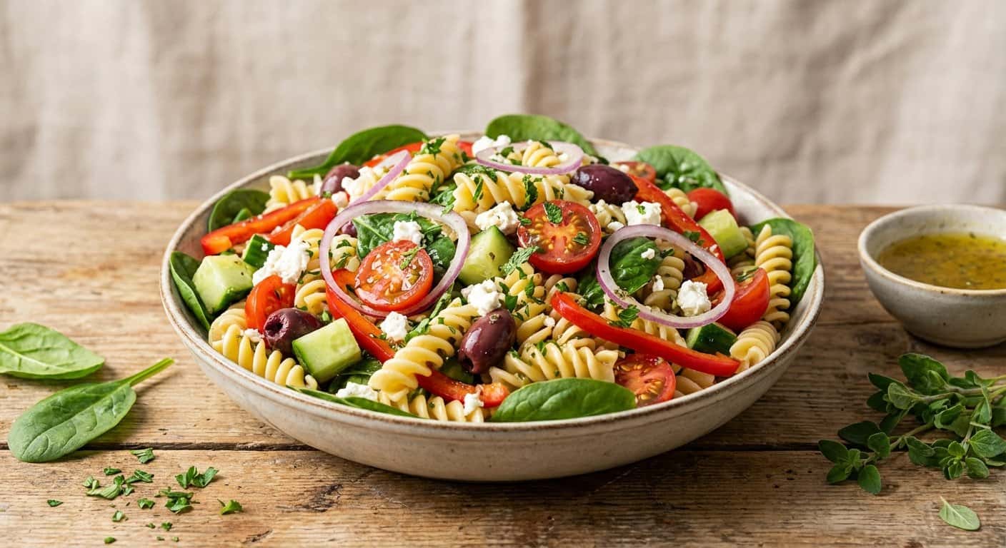 Ensalada de Pasta Mediterránea con Espinacas y Hierbas Frescas