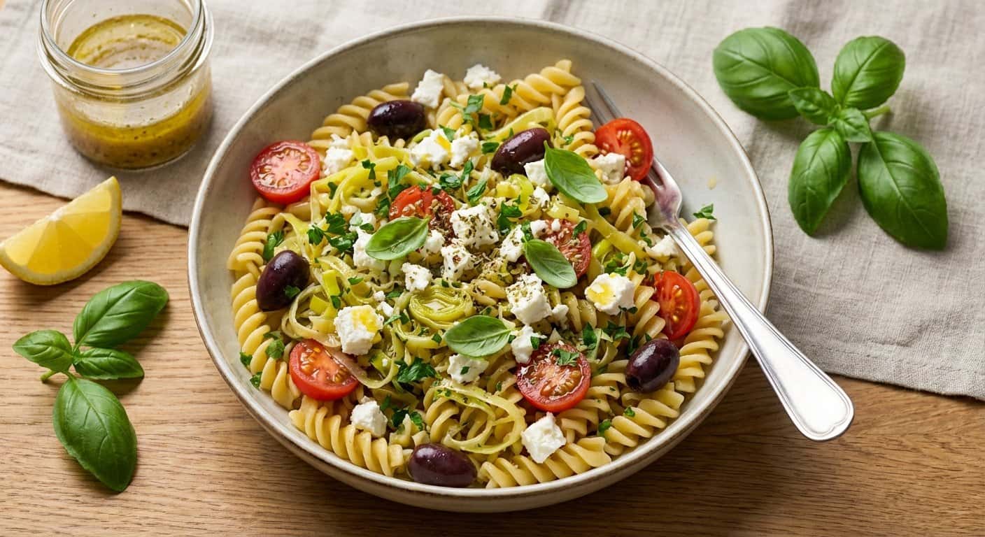 Ensalada de Pasta Mediterránea con Puerro y Queso Fresco