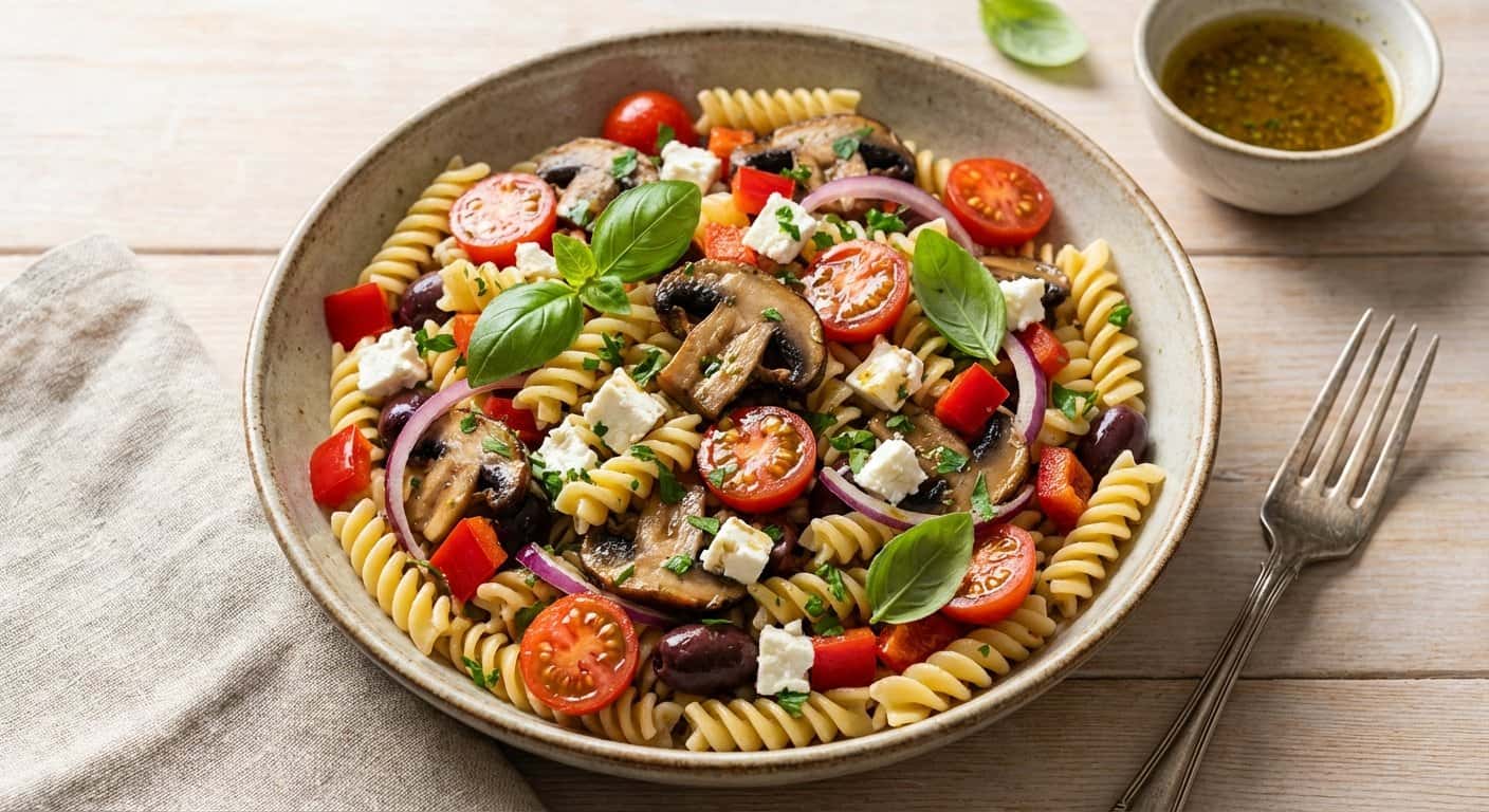 Ensalada de Pasta Mediterránea con Setas y Queso Fresco