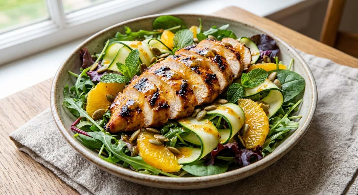Ensalada de pollo a la naranja con calabacín y semillas de calabaza