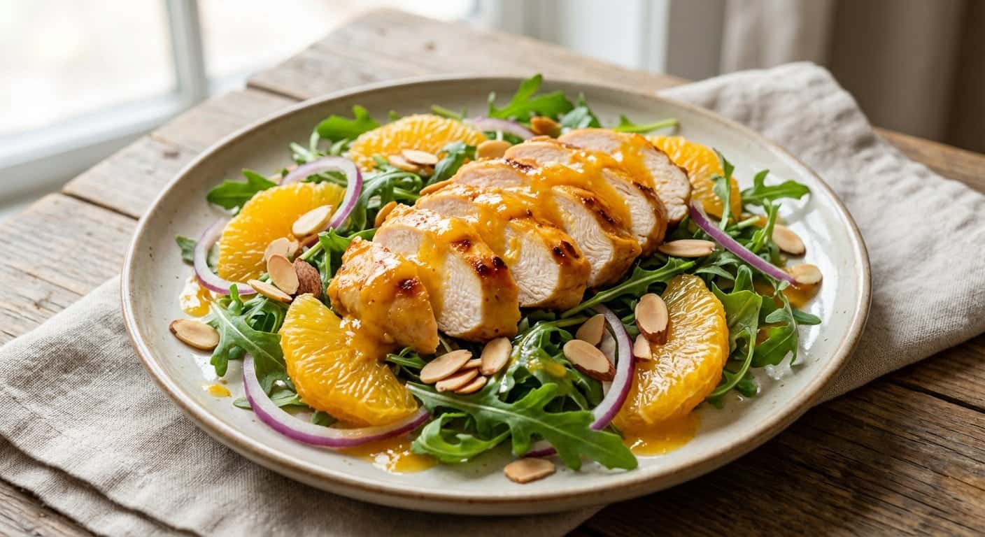 Ensalada de pollo a la naranja con rúcula y cebolla morada