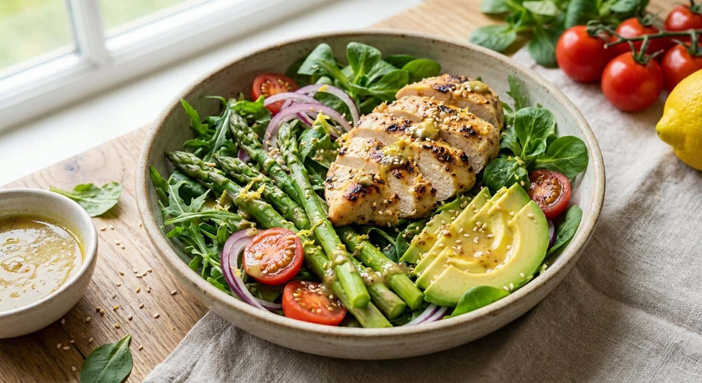 Ensalada de pollo al limón con espárragos y semillas de sésamo