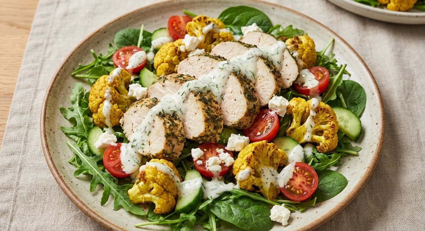 Ensalada de Pollo Asado con Coliflor y Vinagreta de Yogur