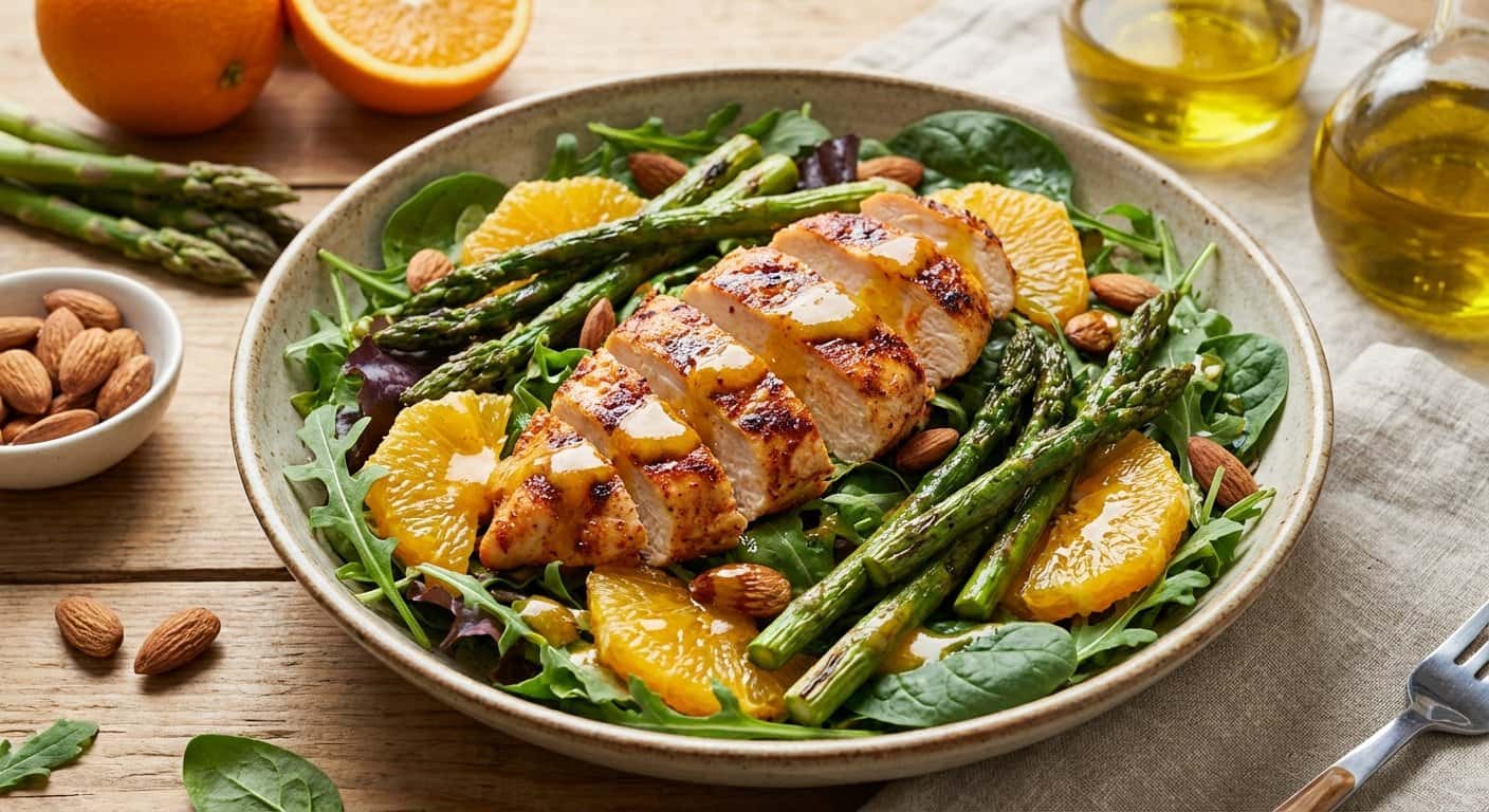 Ensalada de Pollo Asado con Espárragos y Vinagreta de Naranja