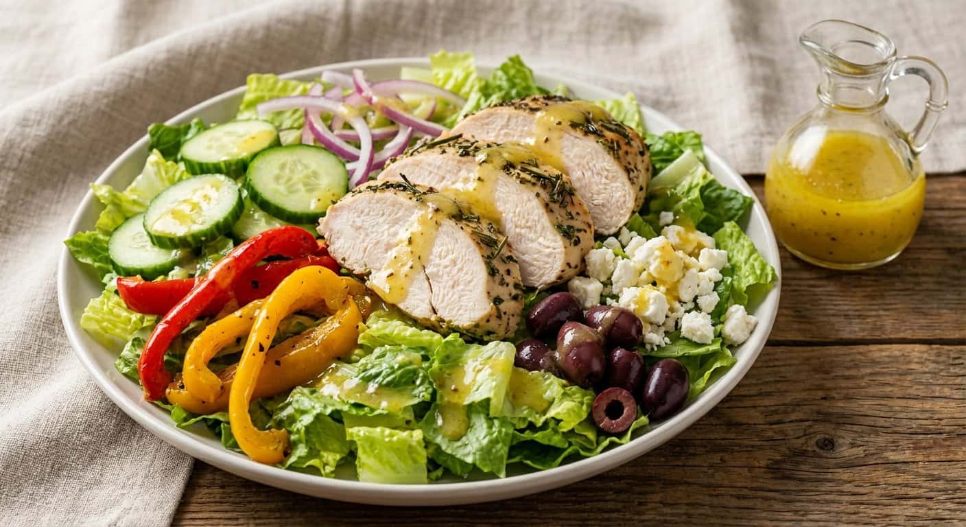 Ensalada de pollo asado con pimientos y vinagreta de limón