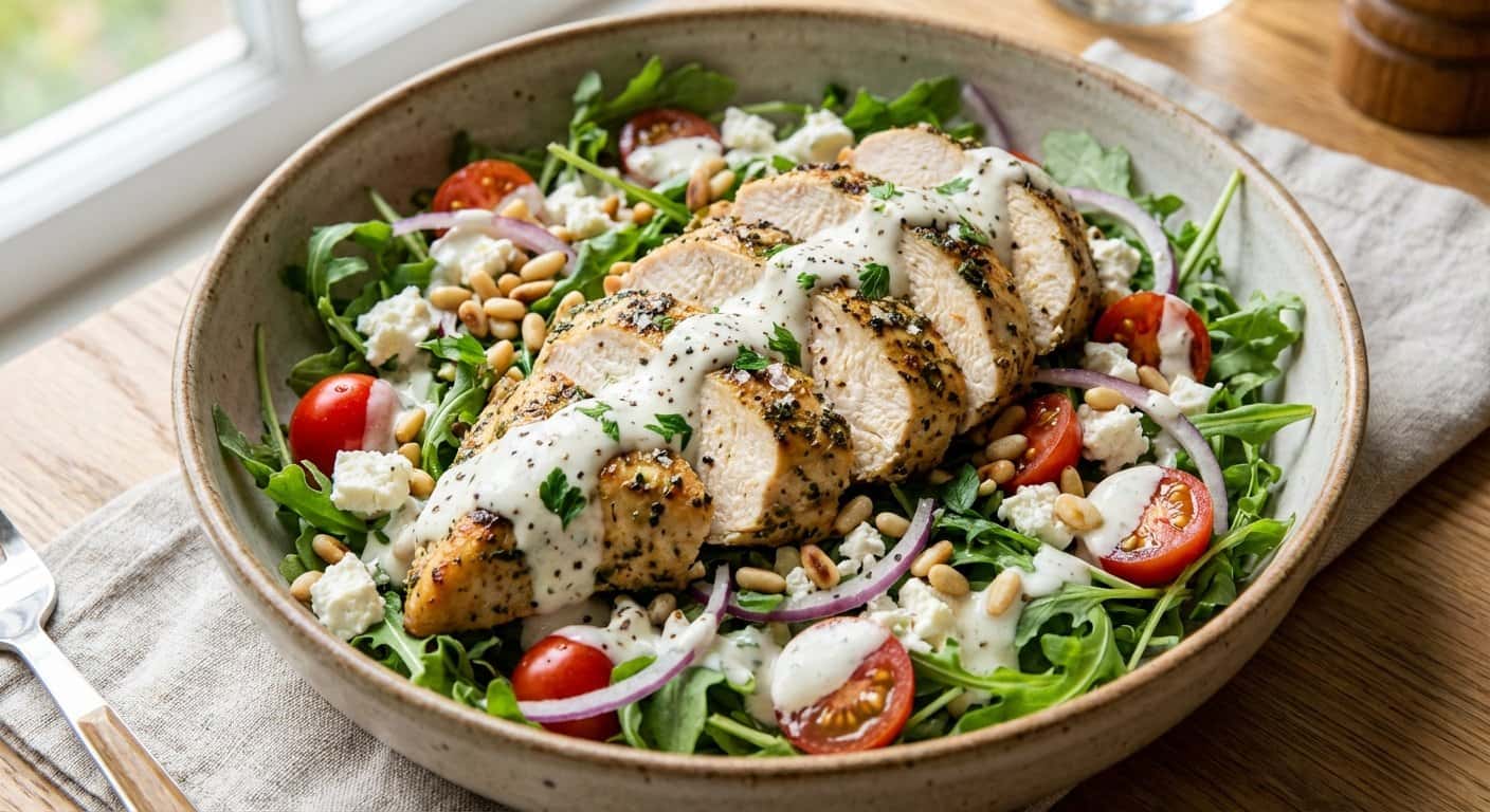 Ensalada de Pollo Asado con Rúcula y Vinagreta de Yogur