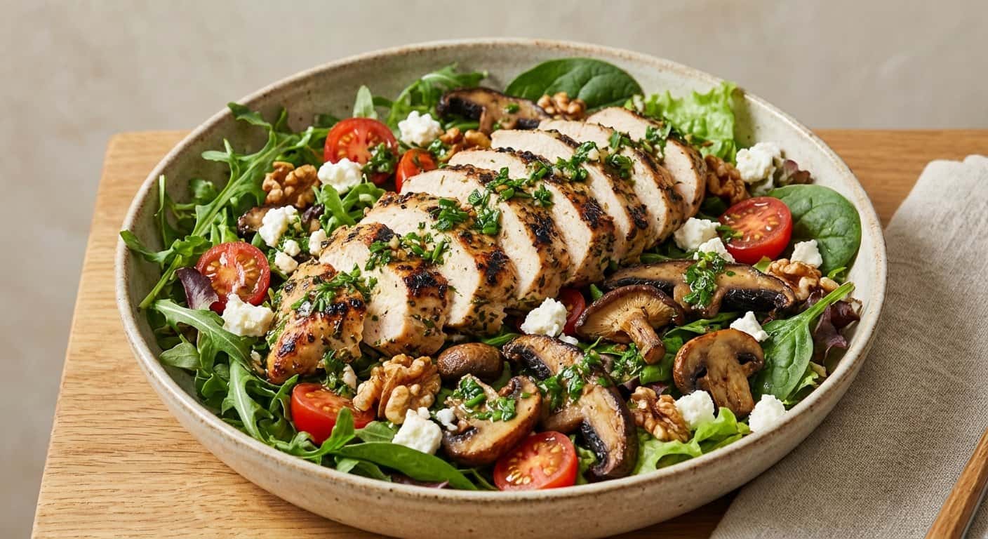 Ensalada de Pollo Asado con Setas y Vinagreta de Hierbas