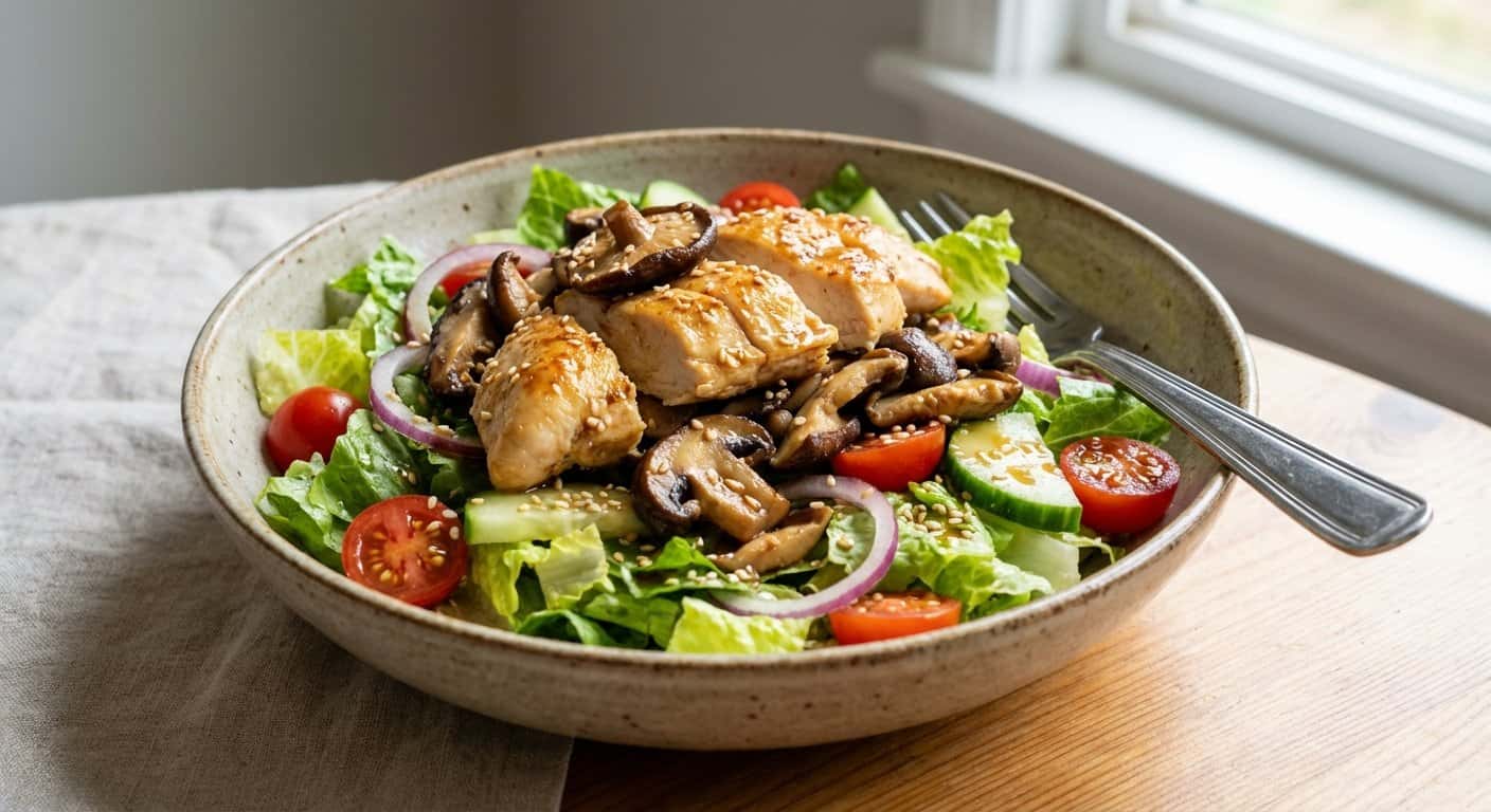 Ensalada de Pollo Casero con Setas y Semillas de Sésamo