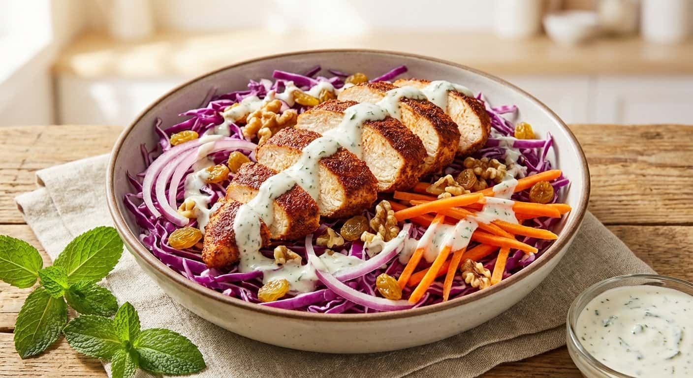 Ensalada de Pollo con Especias, Col Lombarda y Yogur Natural