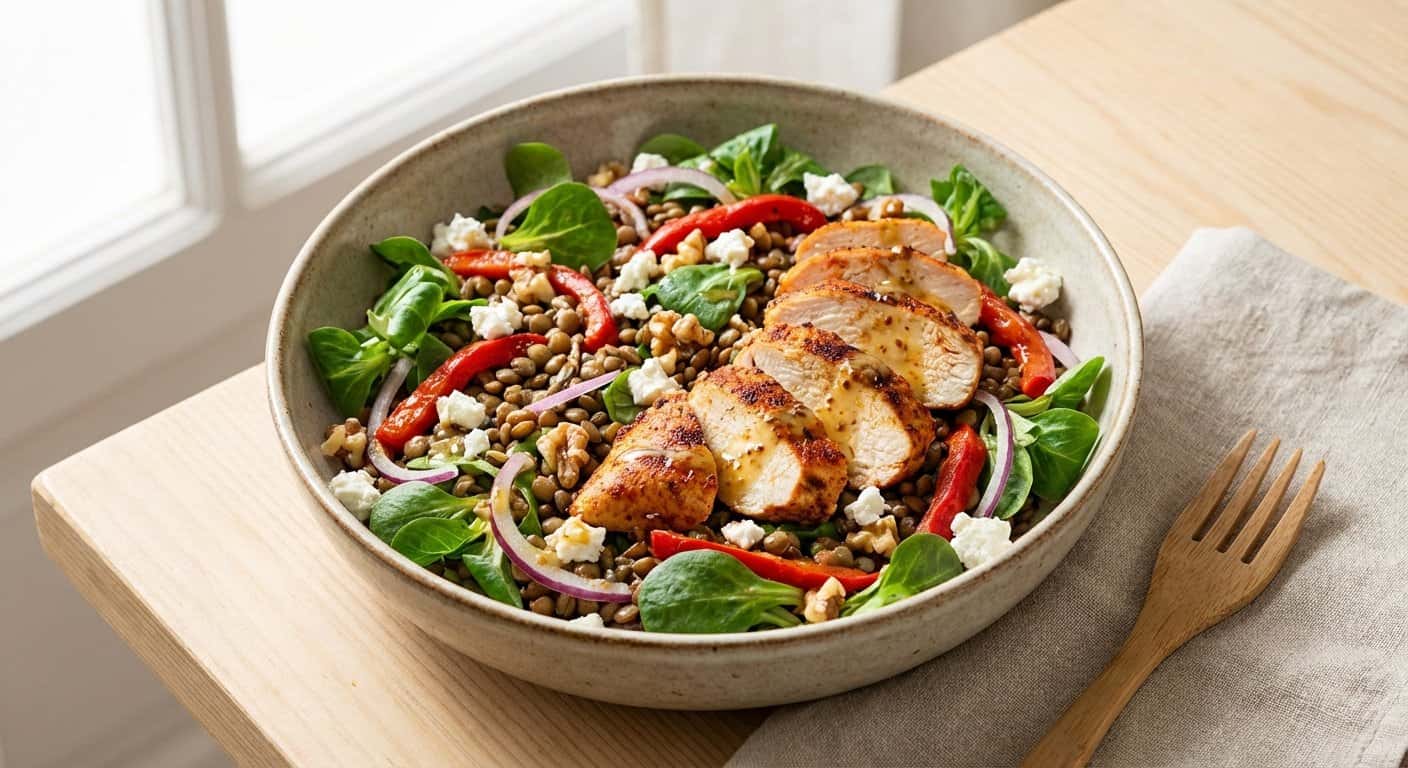 Ensalada de Pollo con Lentejas y Canónigos