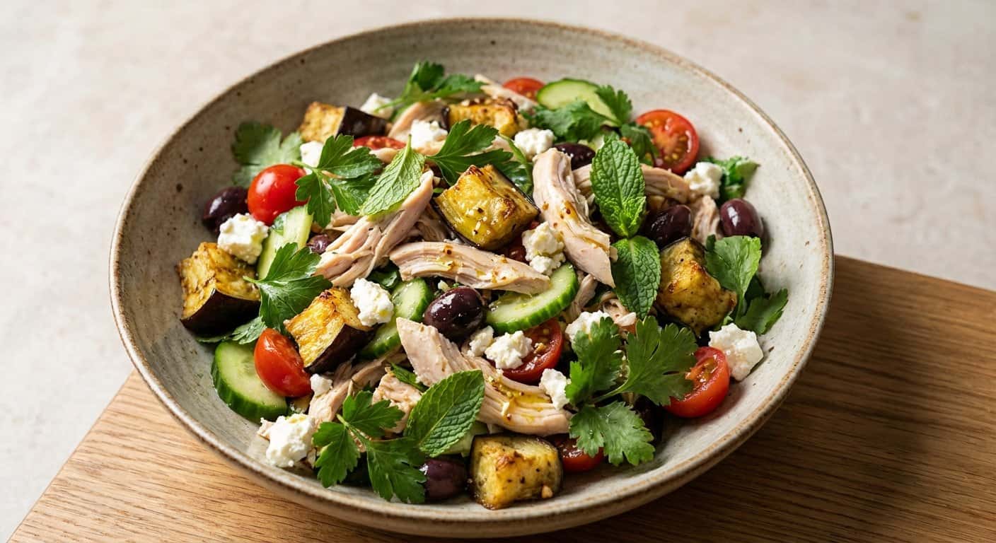Ensalada de Pollo Desmenuzado con Berenjena y Hierbas Frescas