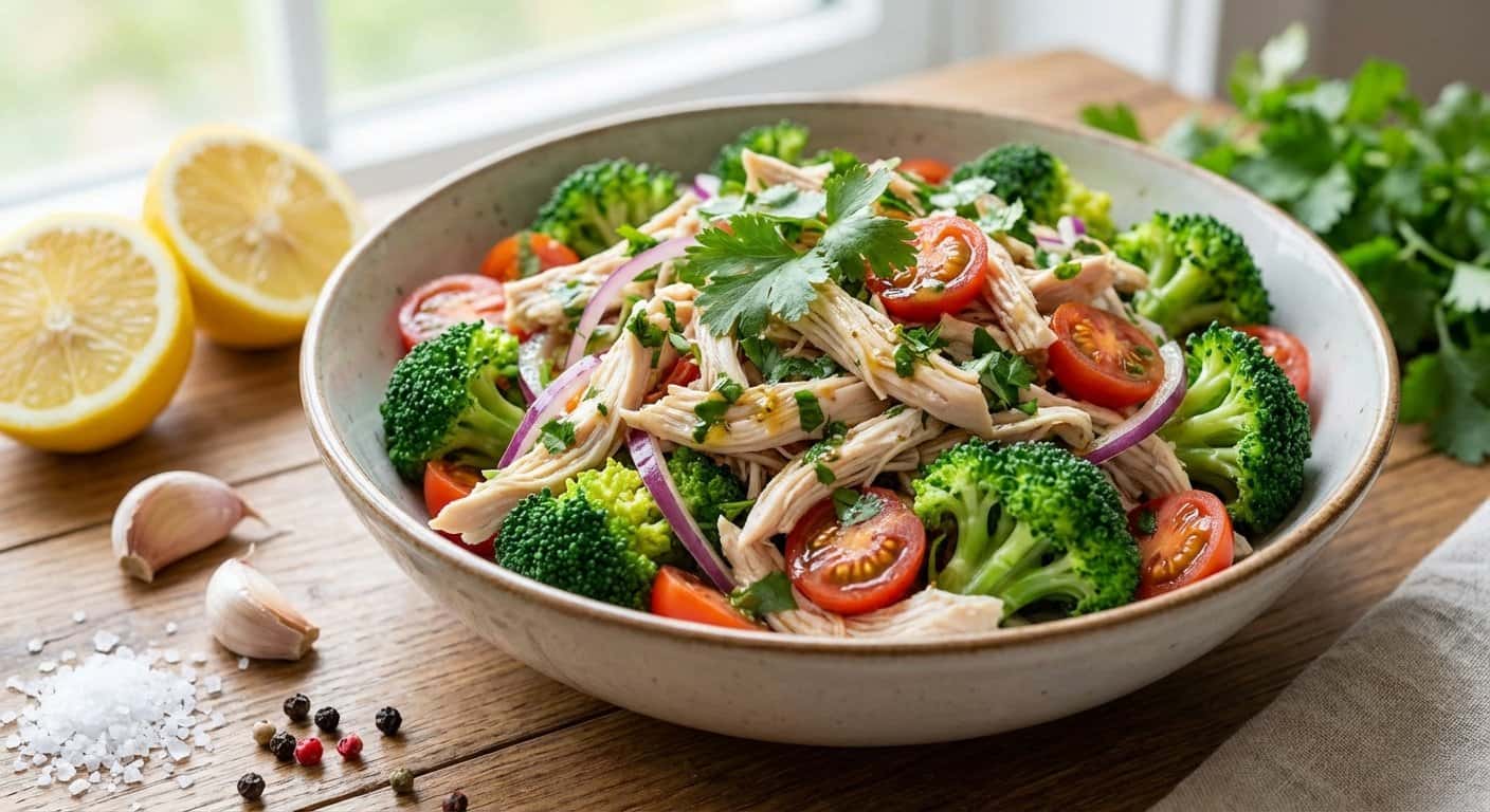Ensalada de Pollo Desmenuzado con Brócoli y Hierbas Frescas