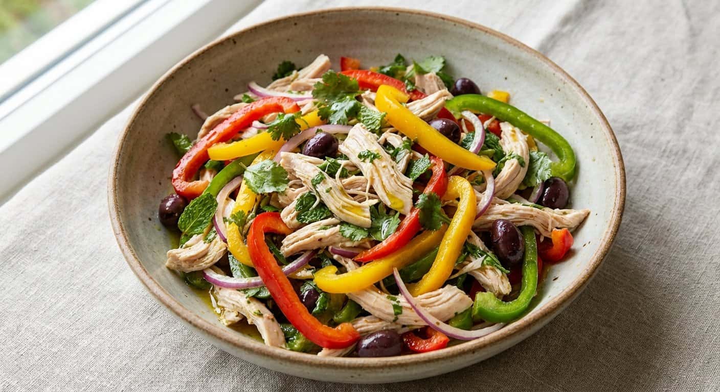 Ensalada de Pollo Desmenuzado con Pimientos y Hierbas Frescas