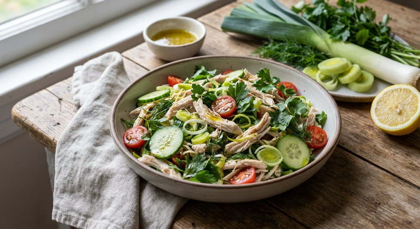Ensalada de Pollo Desmenuzado con Puerro y Hierbas Frescas