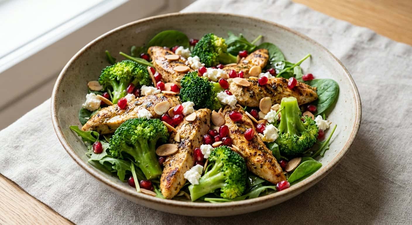 Ensalada de Pollo Especiado con Brócoli y Granada